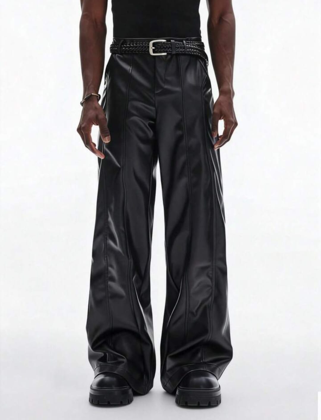 Men's Black Faux Leather Wide-Leg Pants – High-Waist Statement Trousers